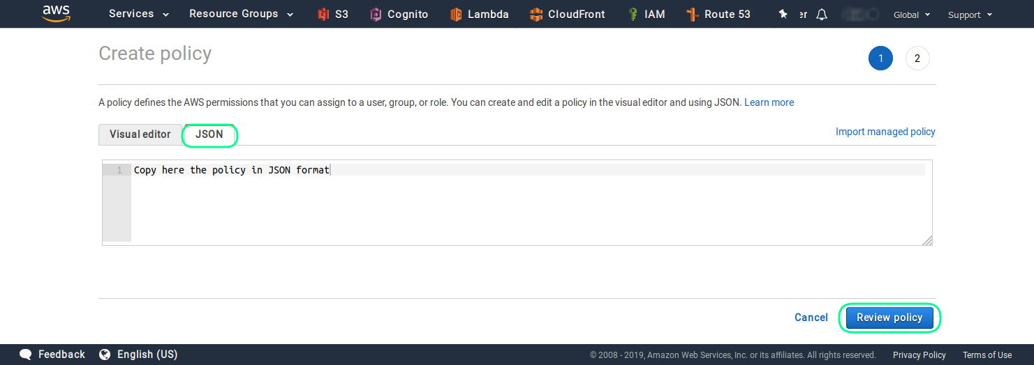 Create user policy in IAM