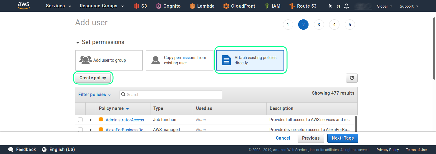Set user policy in IAM