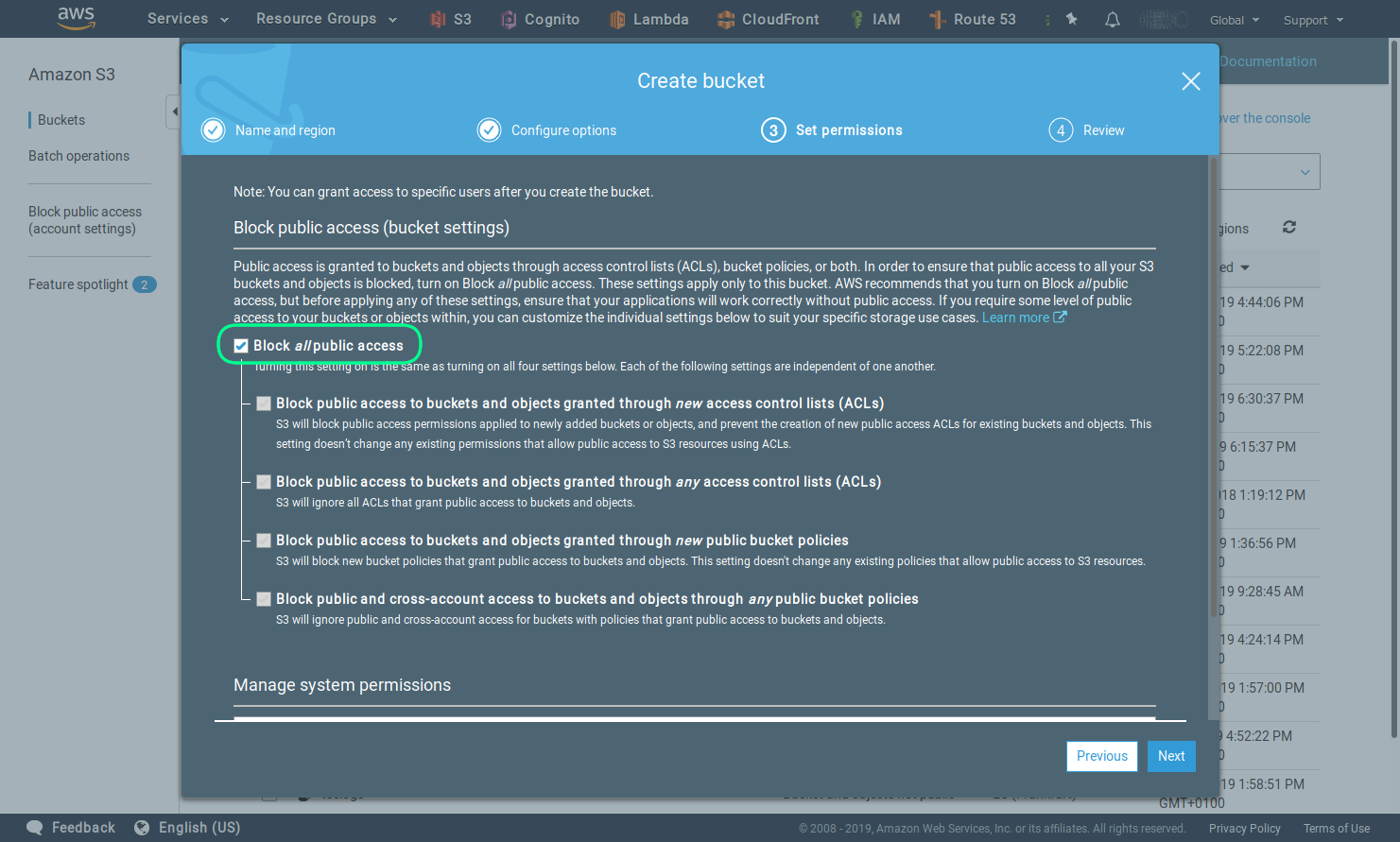 Create S3 bucket access settings