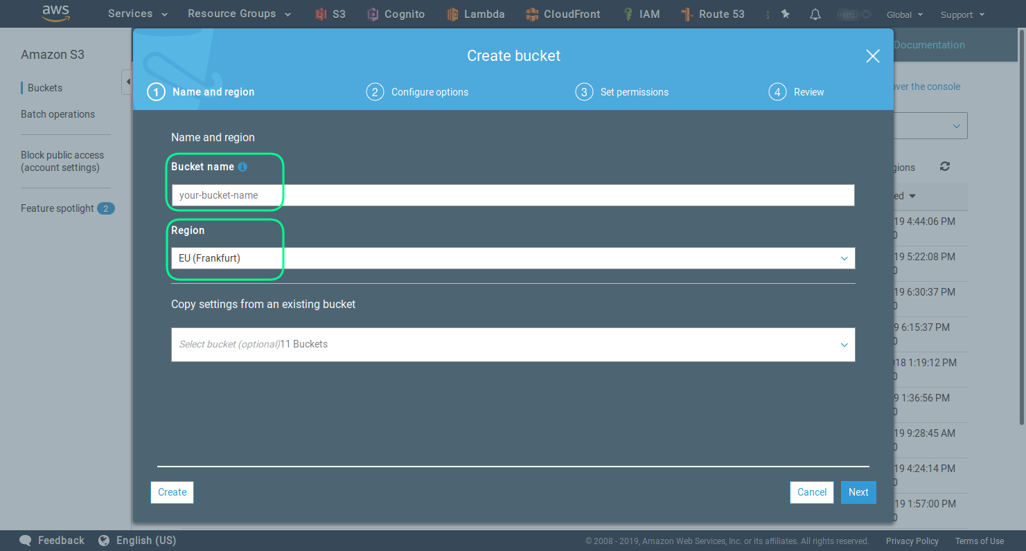 Create S3 bucket, choose name and region