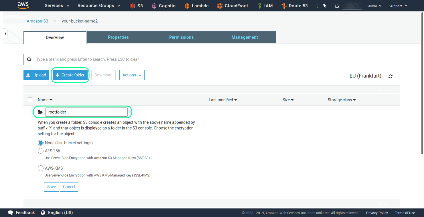 Create S3 bucket root folder