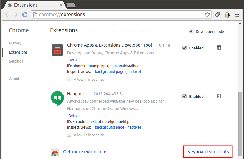 Open the Chrome extension shortcut configuration