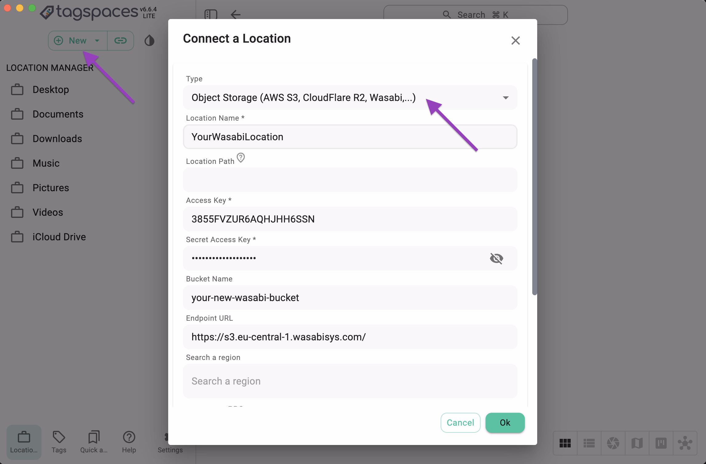 Connect the bucket in TagSpaces Pro