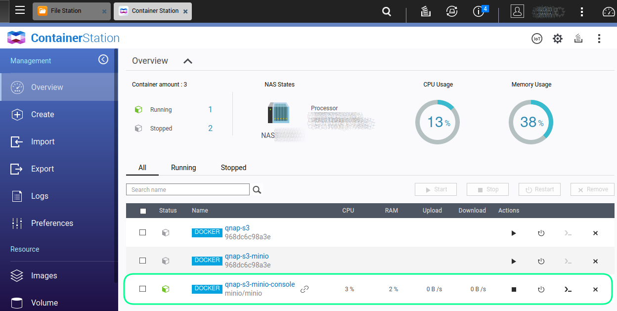 MinIO docker in the QNAP Container Station