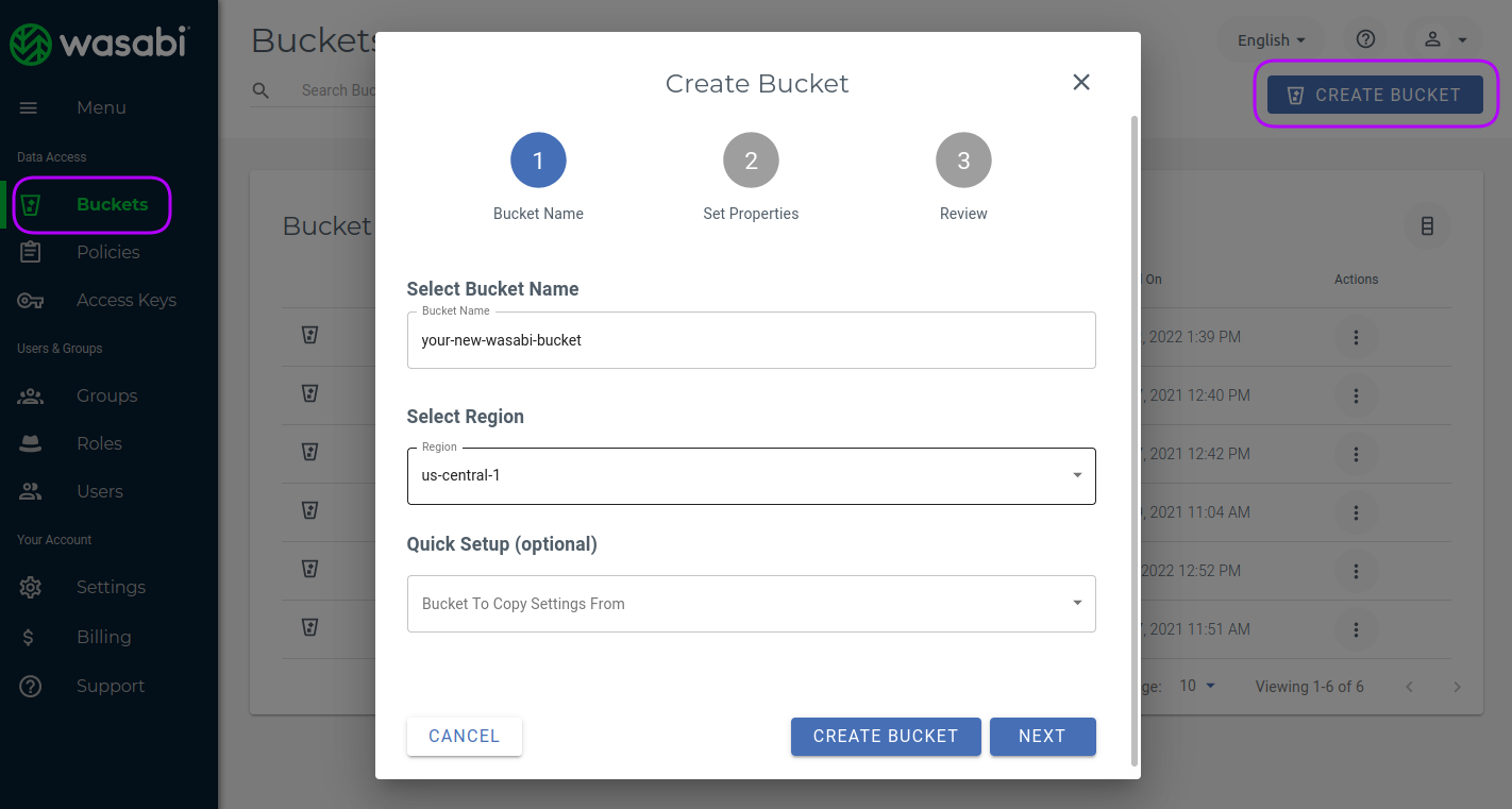 Create a bucket in wasabi