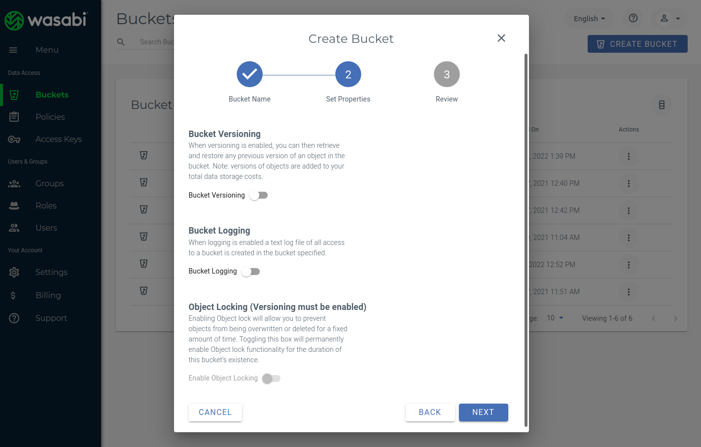 Set options for the wasabi bucket