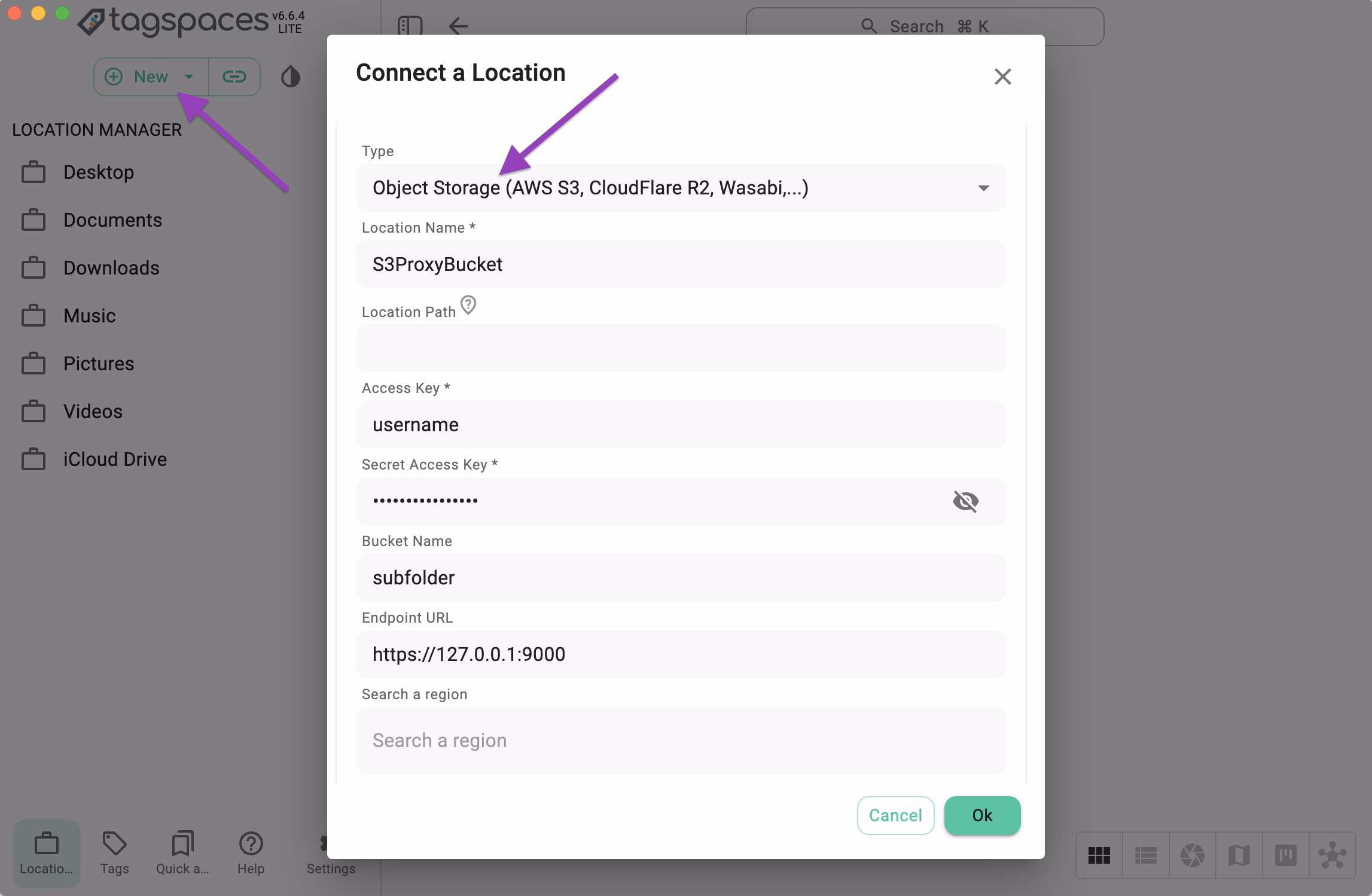 Connecting S3Proxy bucket in TagSpaces