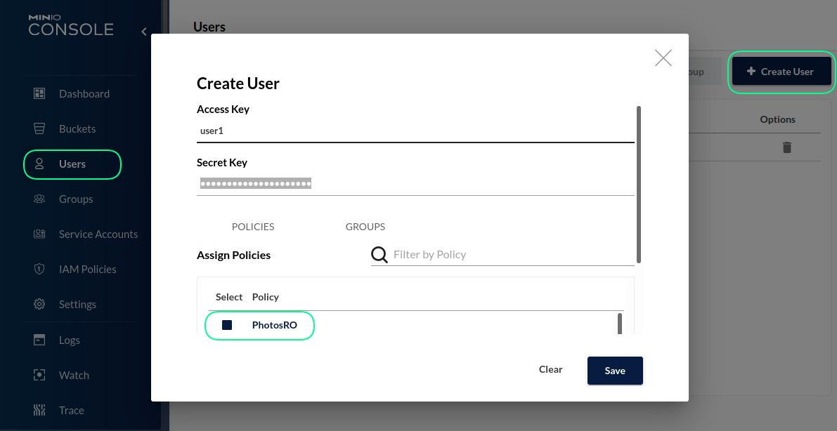 Creating user in the MinIO console