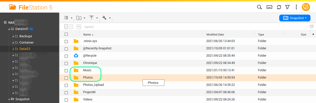 The folder exposed in MinIO as seen in the QNAP file manager