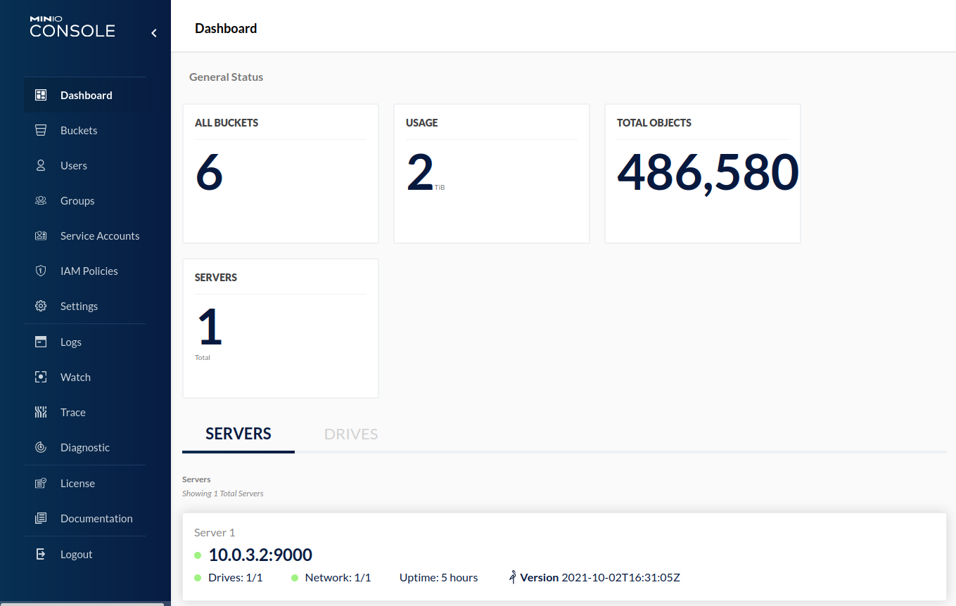 MinIO dashboard