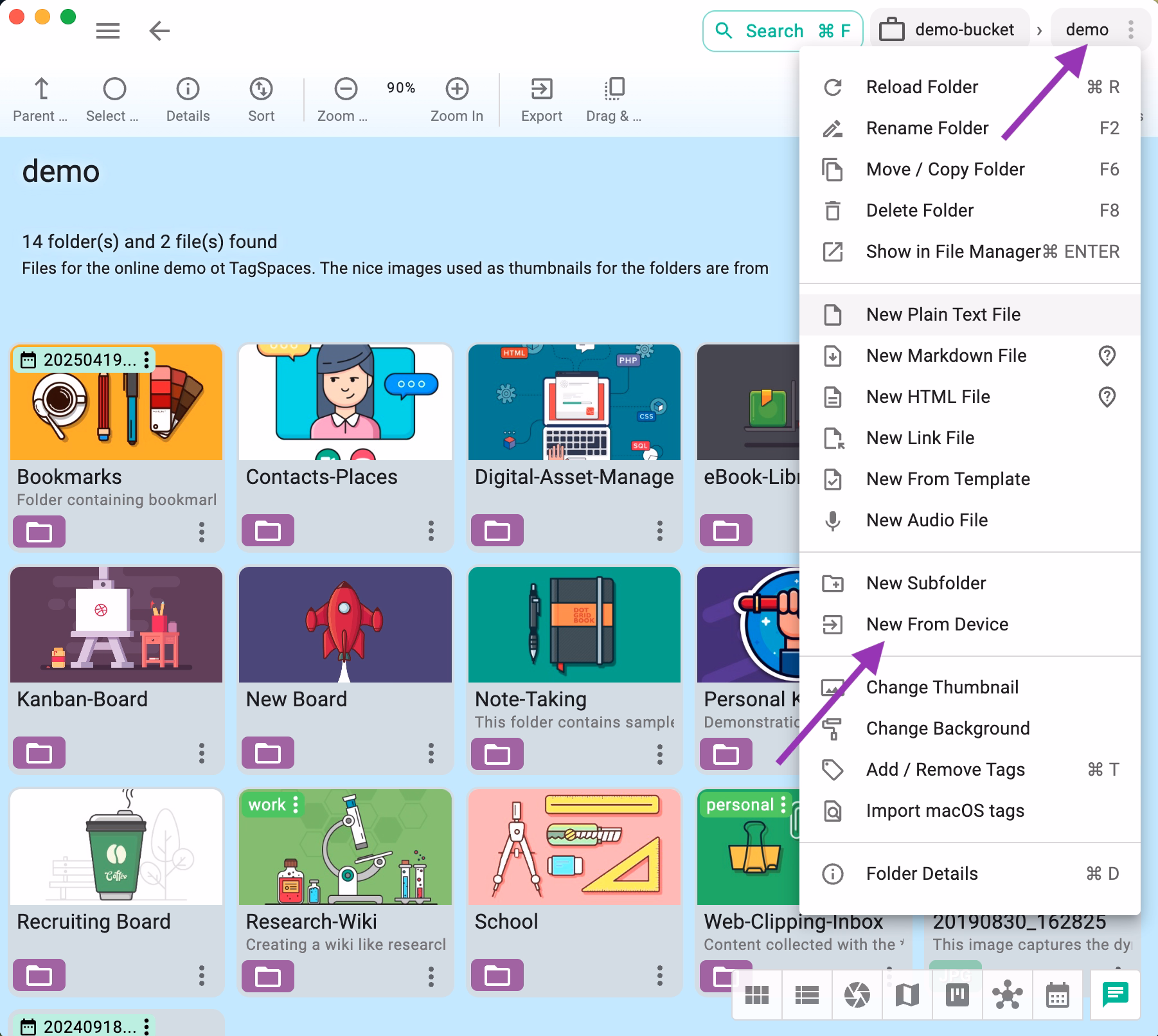 Screenshot showing how to open the folder menu