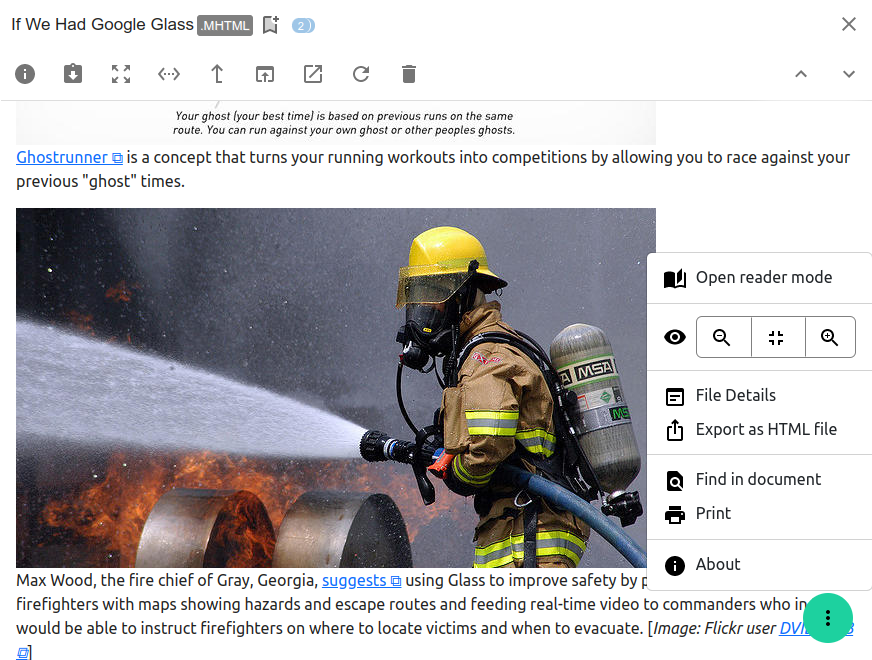 Screenshot of the MHTML viewer extension