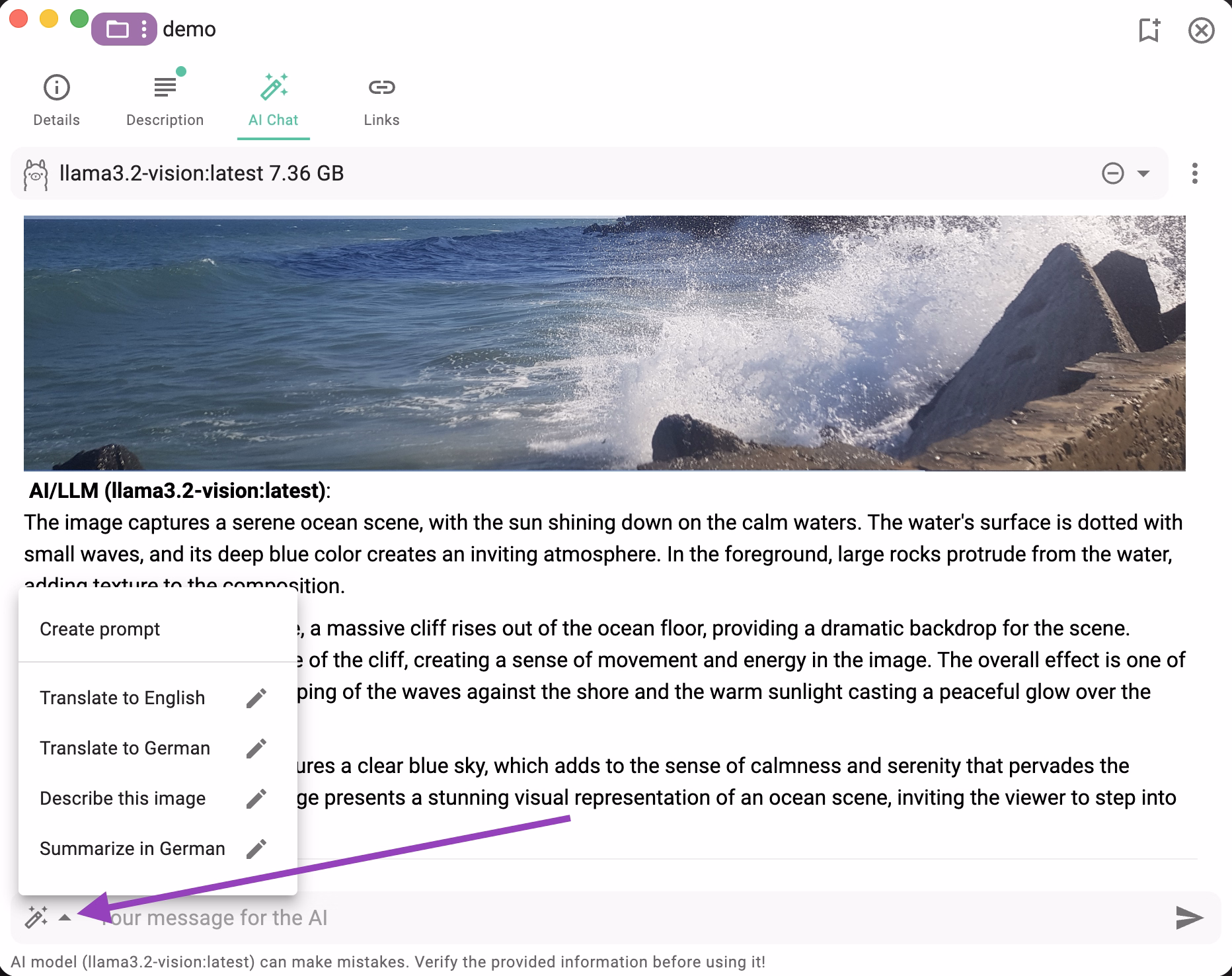 Opening the AI prompts menu