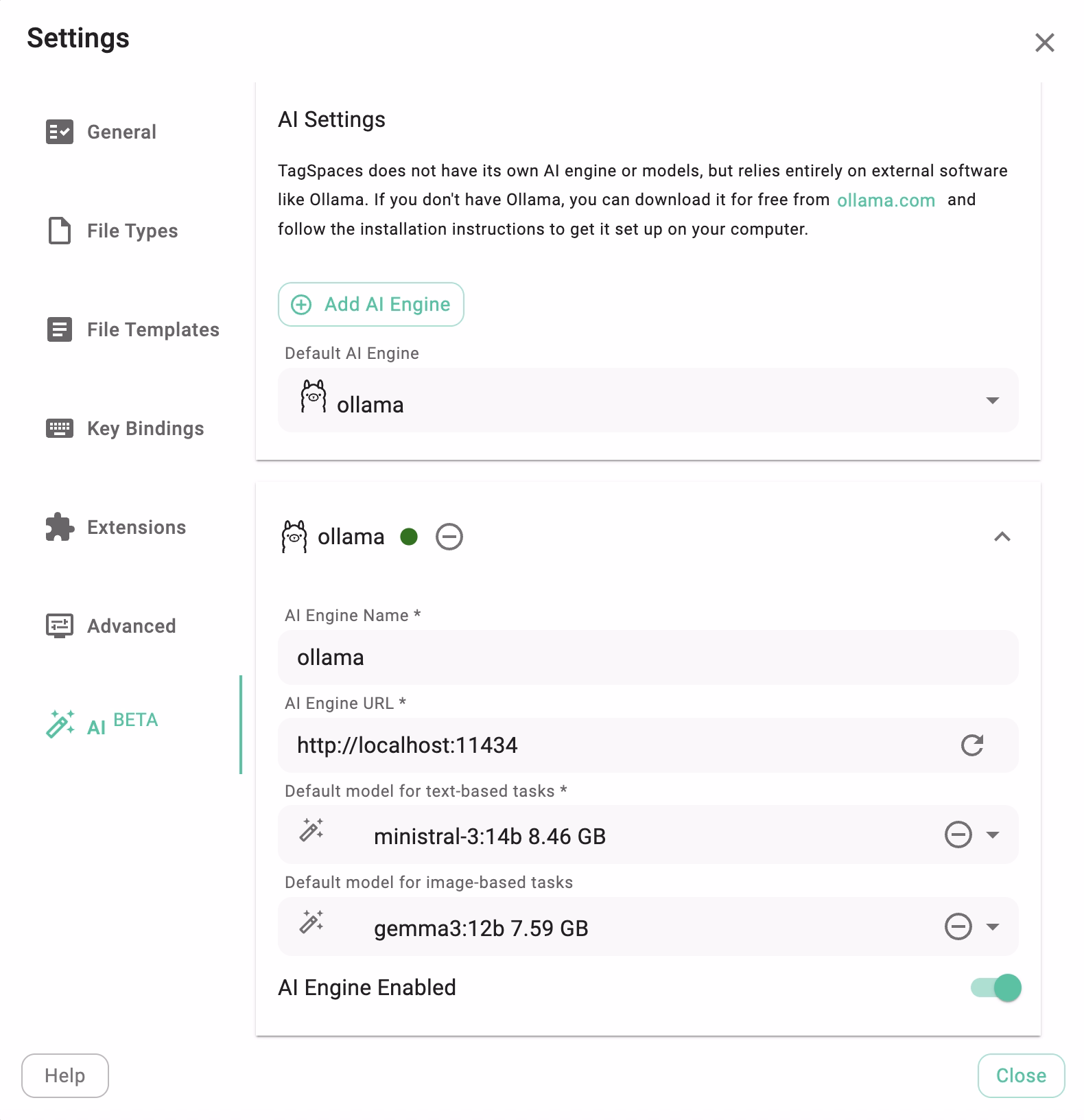 Ollama connected in TagSpaces