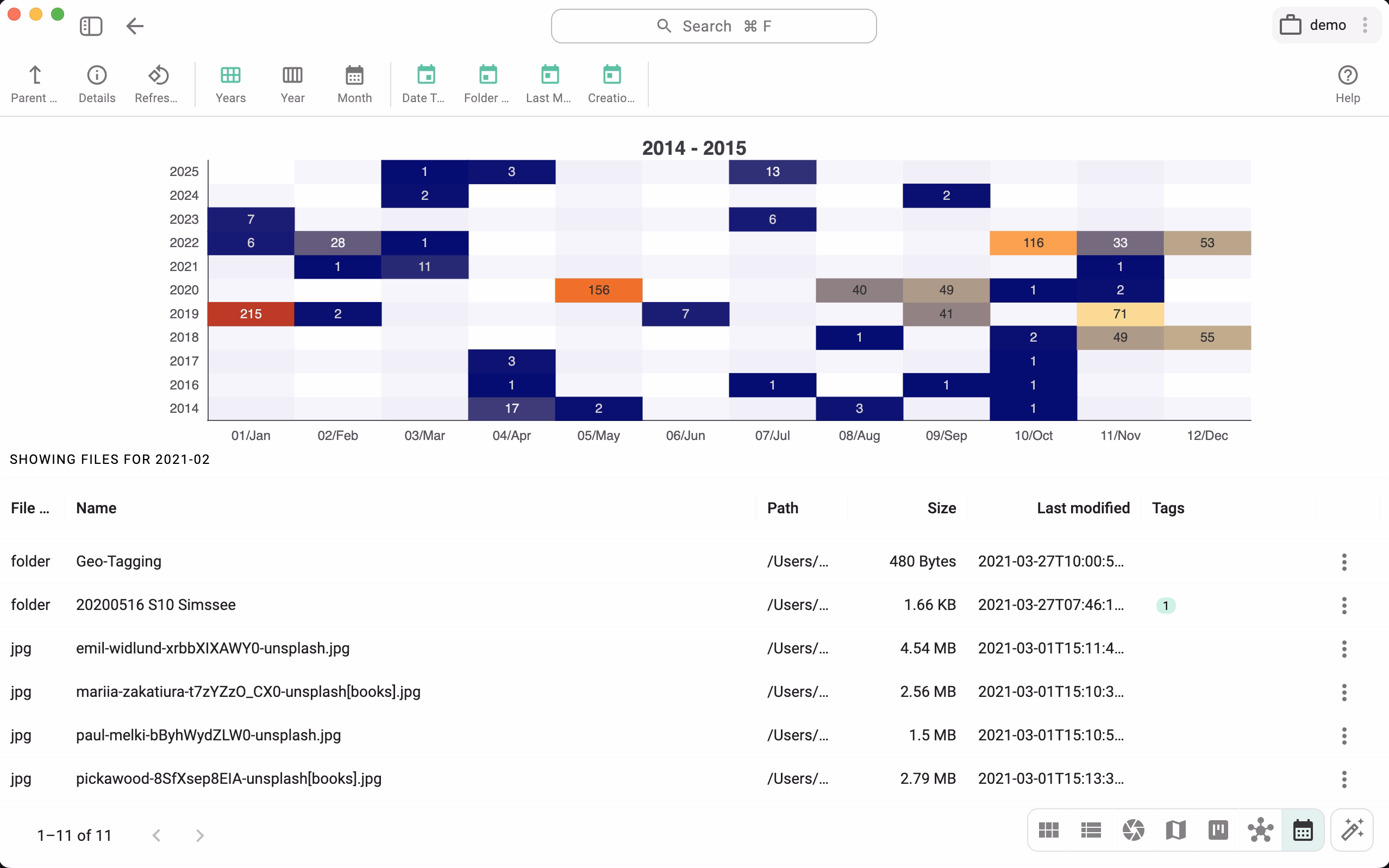 Screenshot showing the years view in the calendar perspective