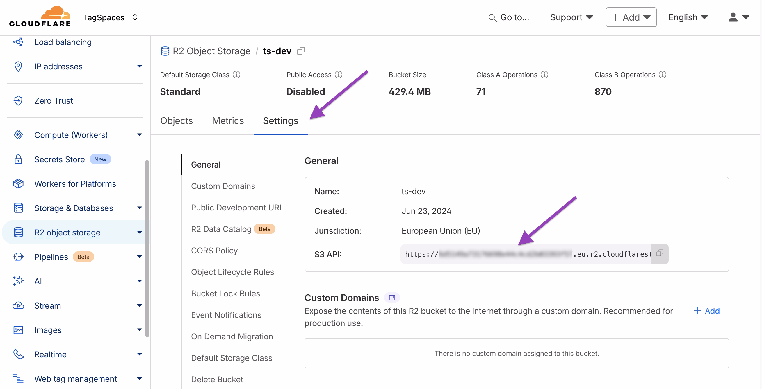 Bucket settings containing the S3 endpoint/API URL