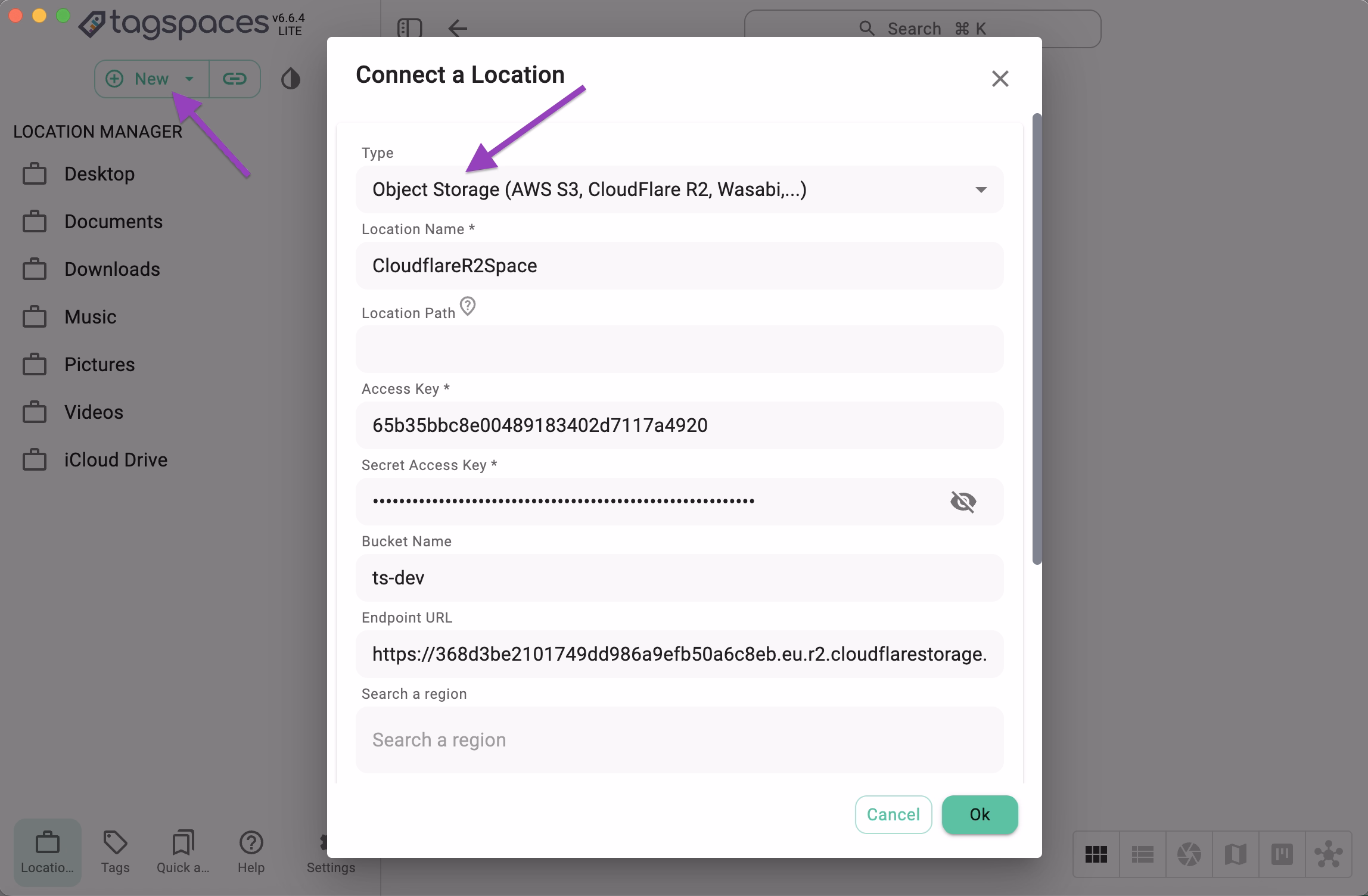 Connecting a Cloudflare R2 bucket as a location in TagSpaces