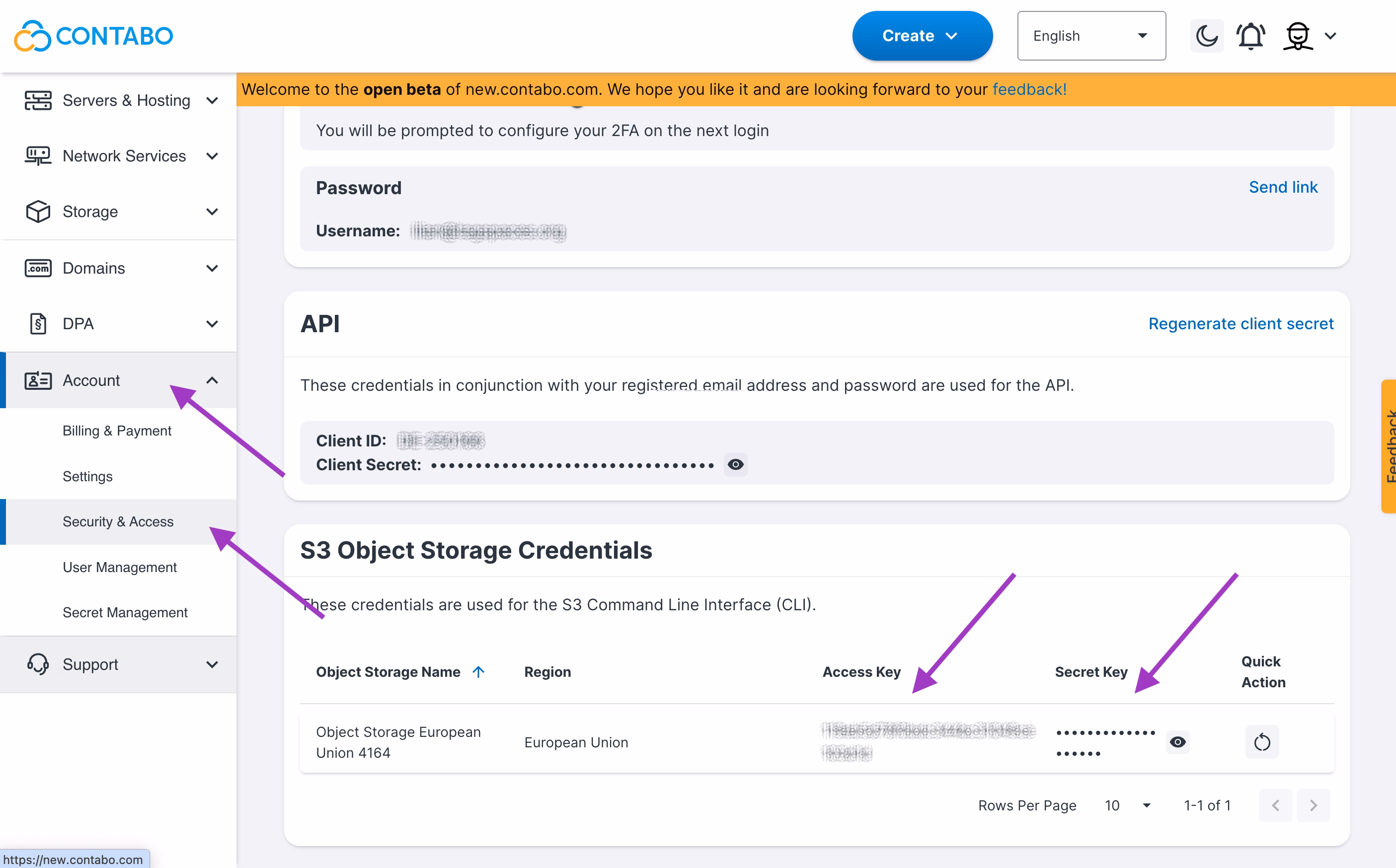 The access key for your bucket in the account area