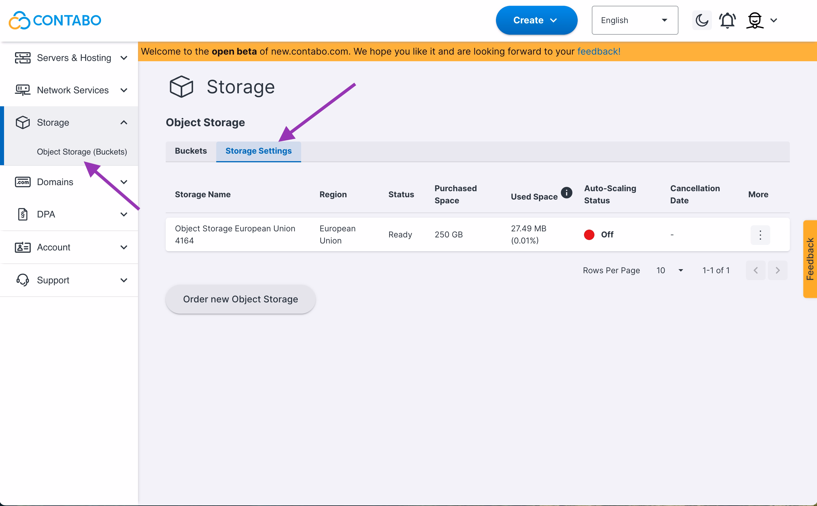 The settings of the new bucket