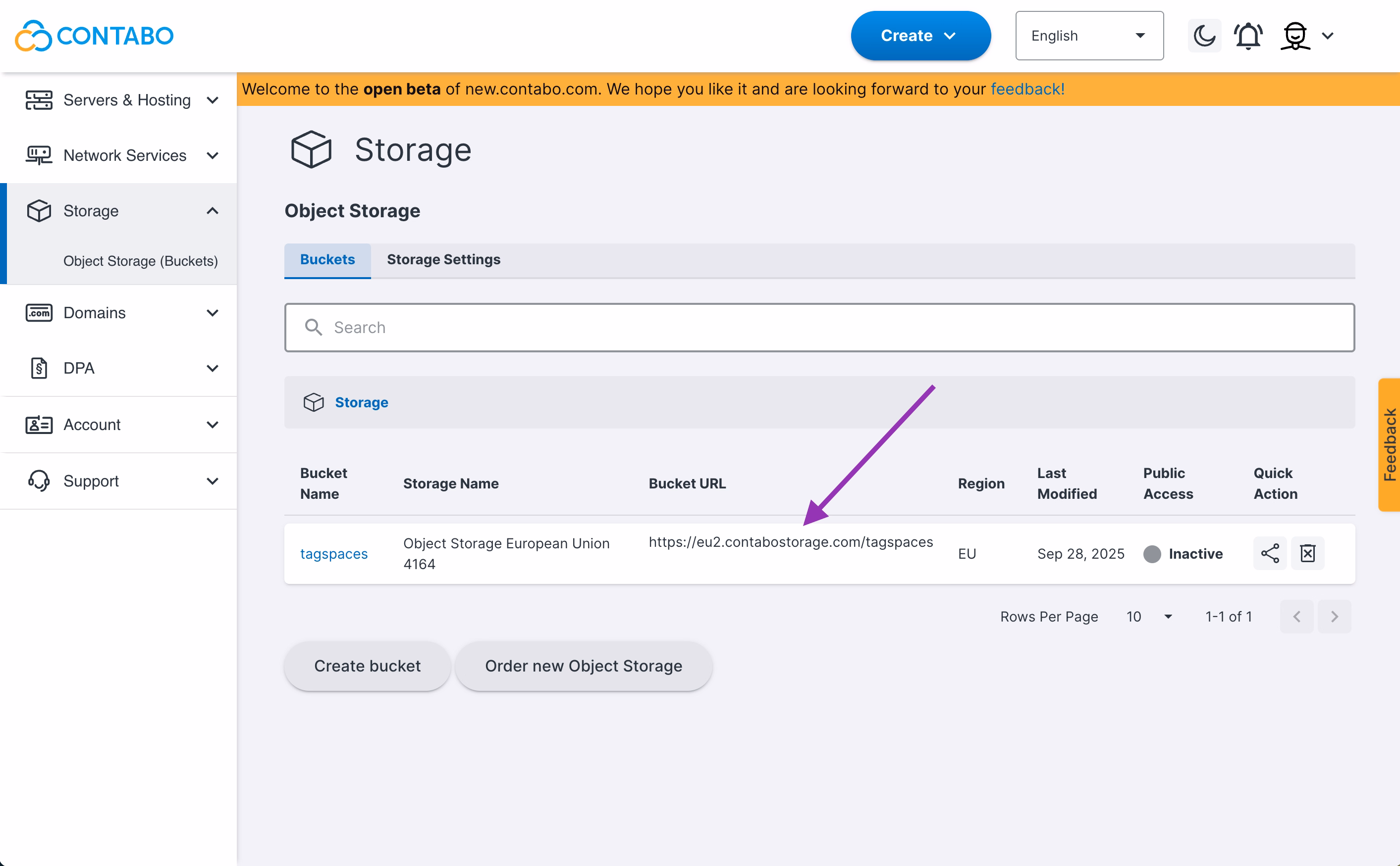 Get the bucket URL from the bucket list
