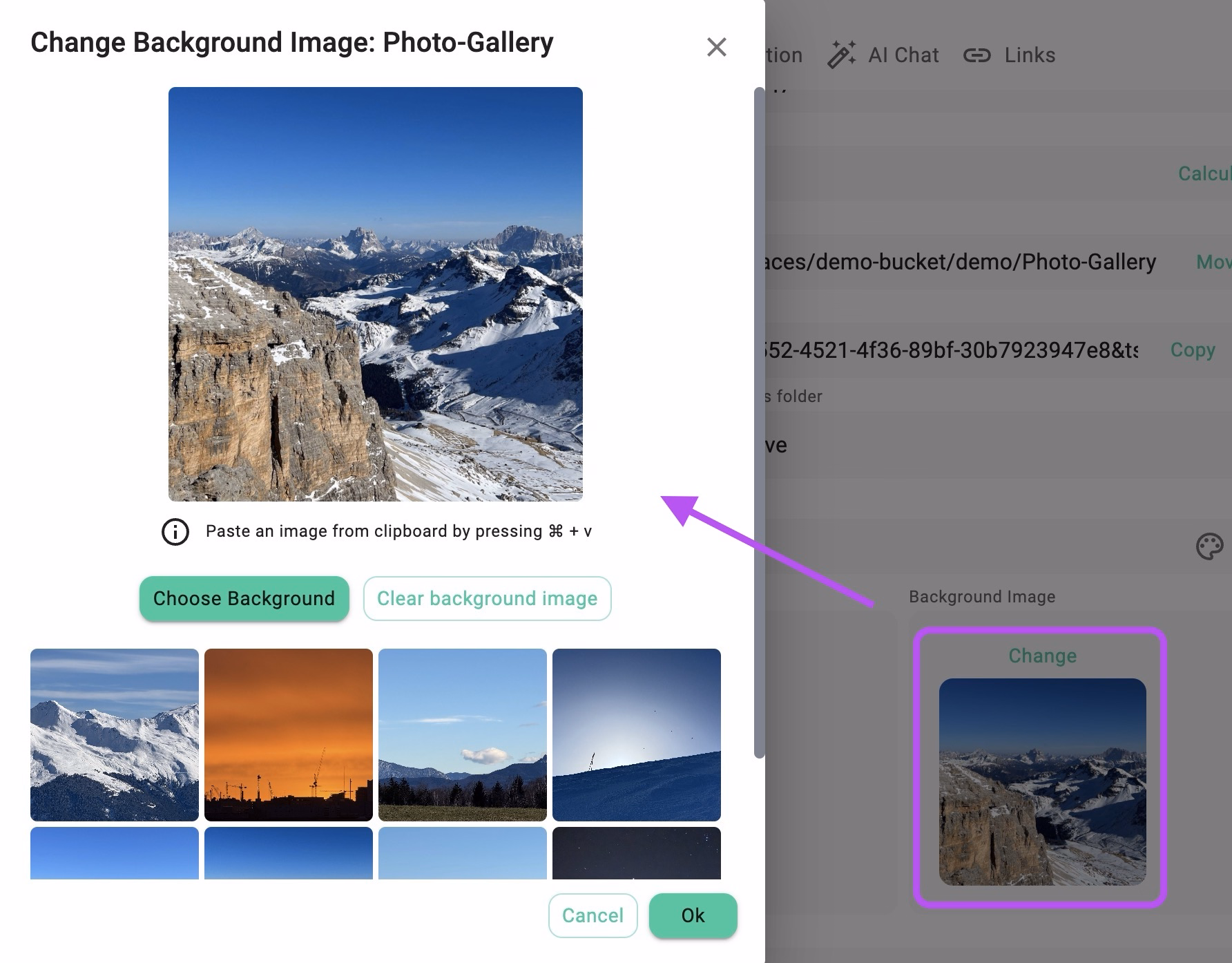 Dialog for changing the folder wallpaper