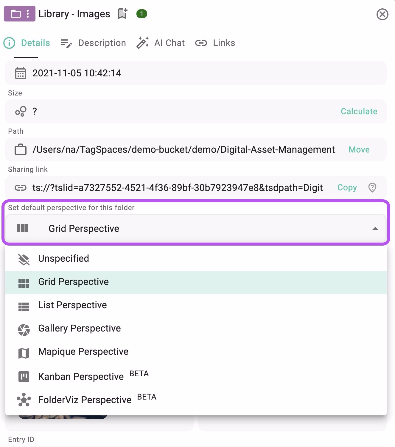 Changing the default perspective for a folder