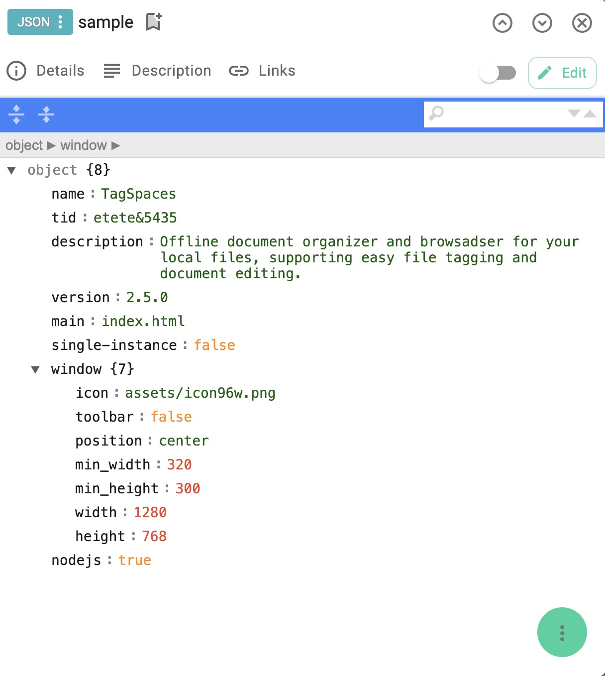 Screenshot of JSON editor