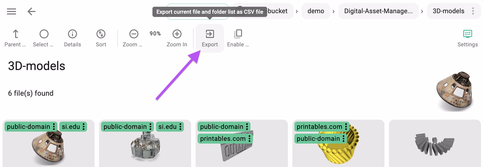 Starting the CSV export from the toolbar of the perspective