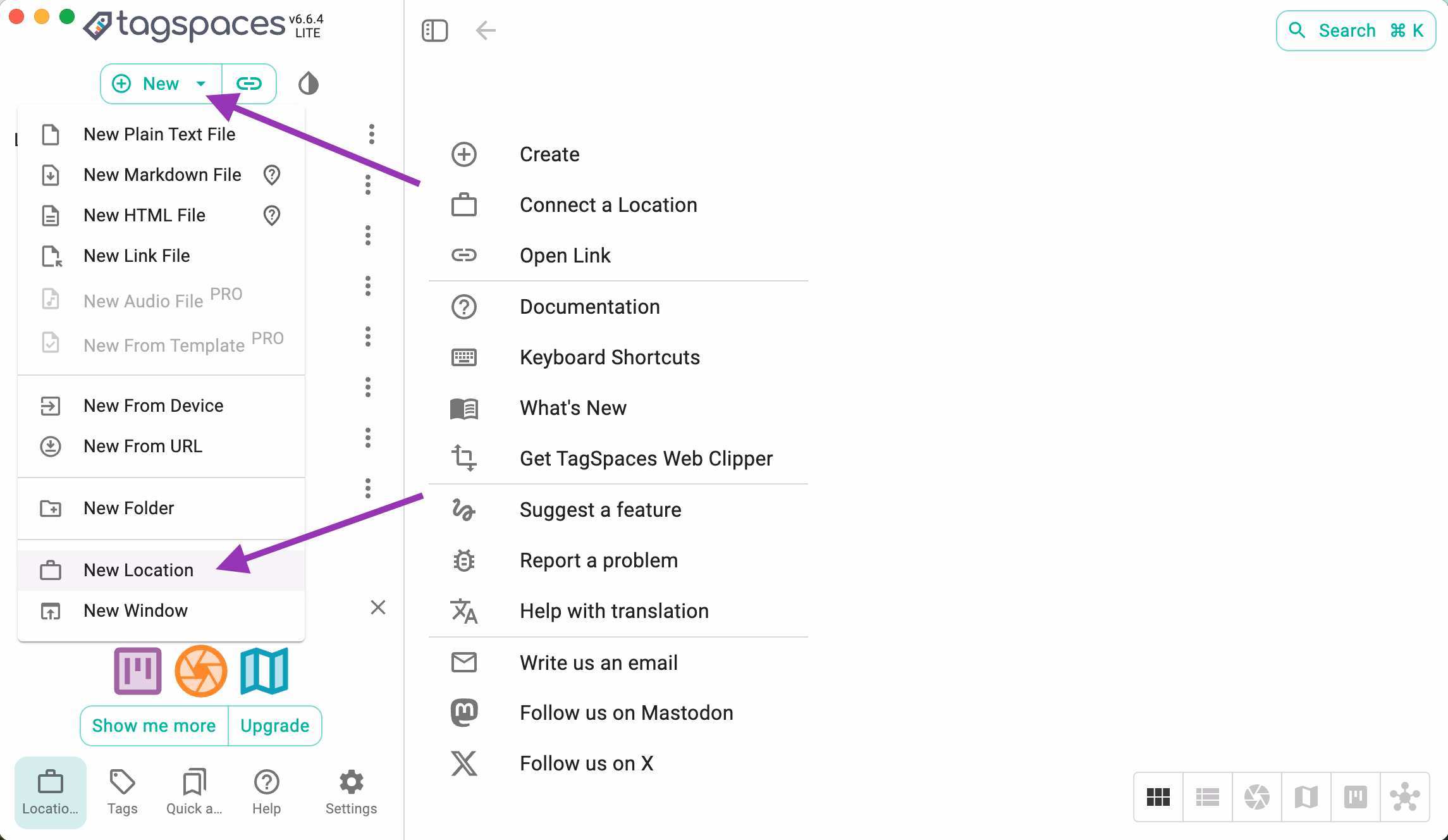 Opening the dialog for creating new locations