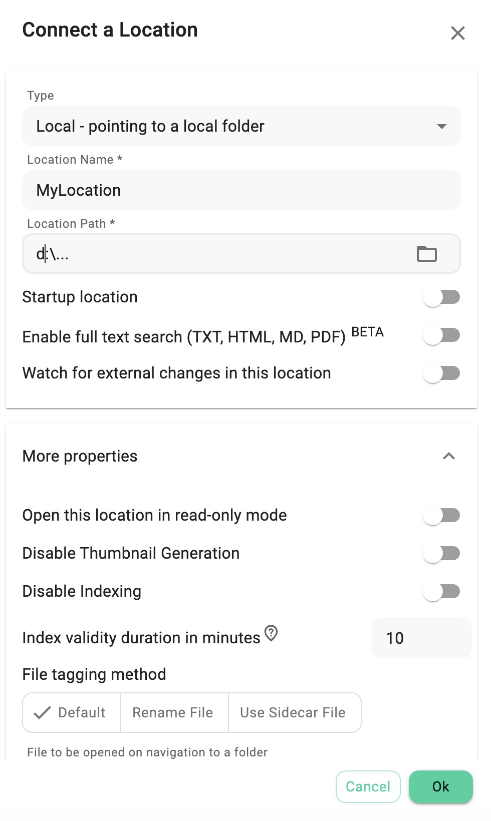 Dialog for creating a local location