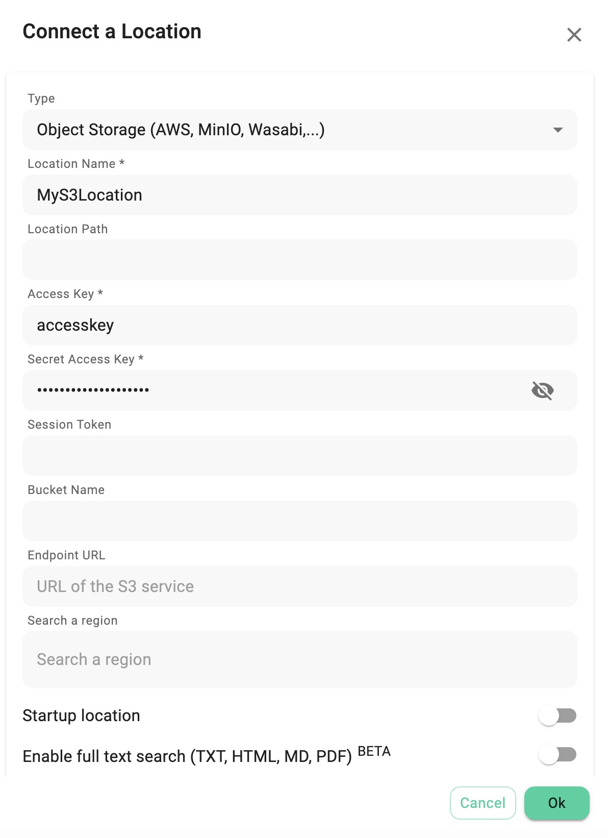 Creating a location pointing to a S3 object storage