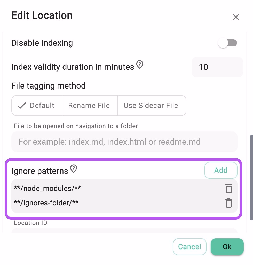Manage ignore patterns in location settings
