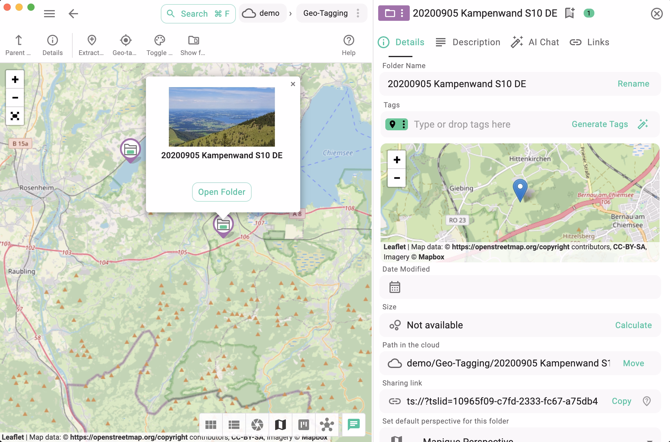 Showing geo-tagged folders on the default map from openstreetmap.org