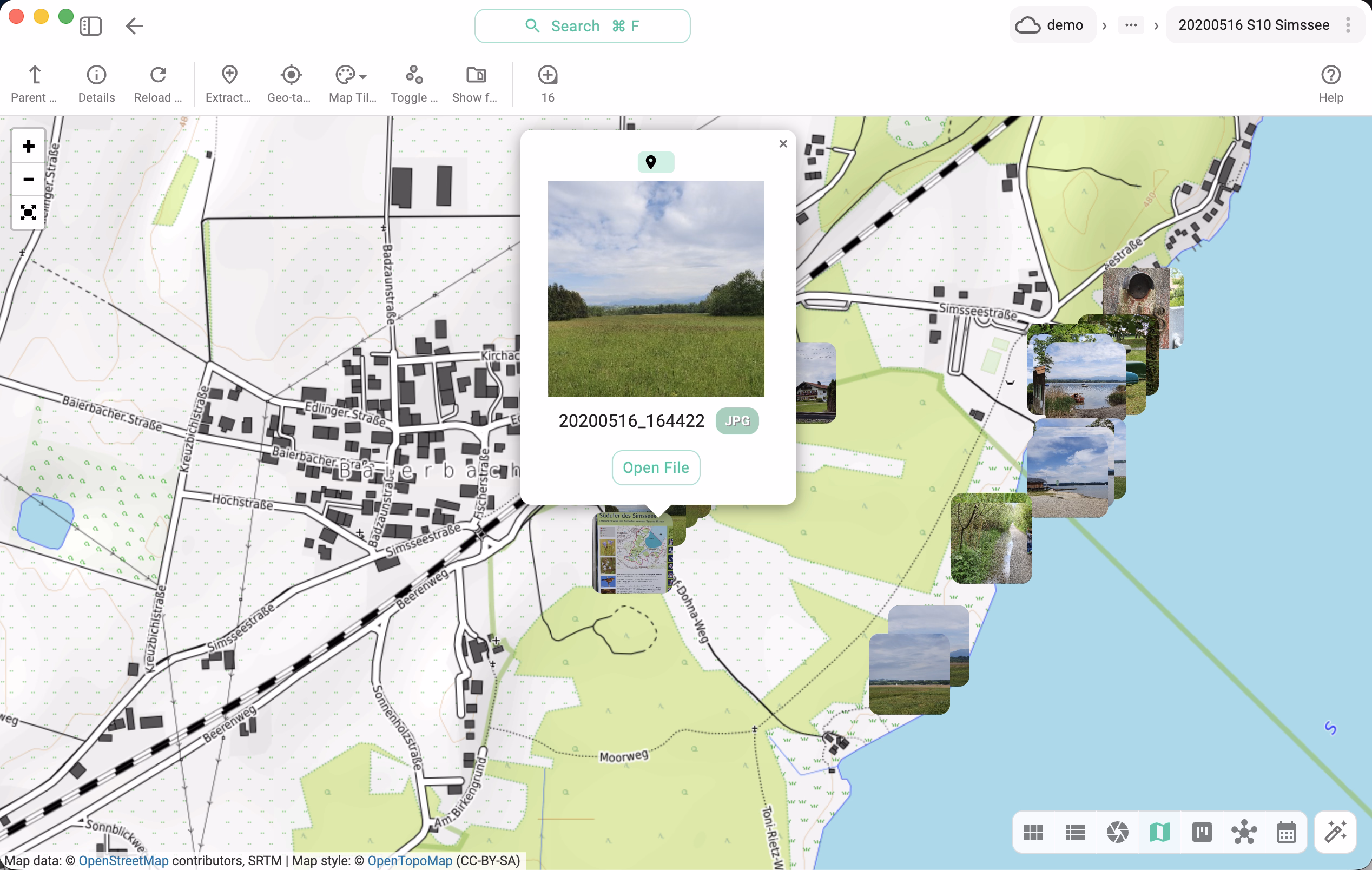The same area rendered with the OpenTopoMap topographic tile server