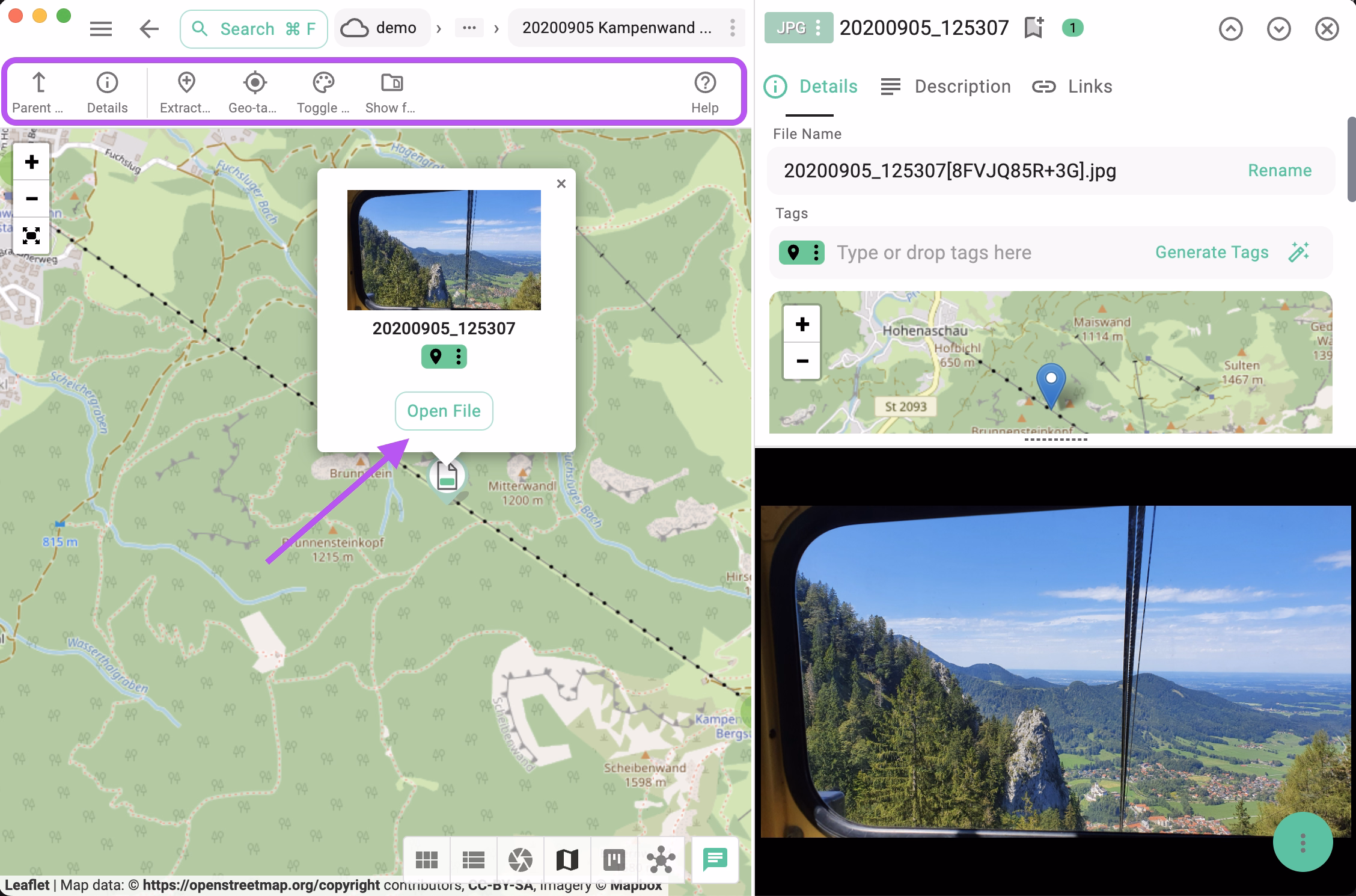Showing the file properties in the Mapique perspective