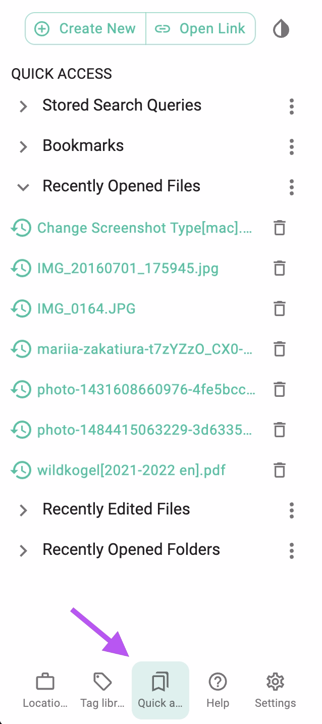 Opening the Quick Access Area