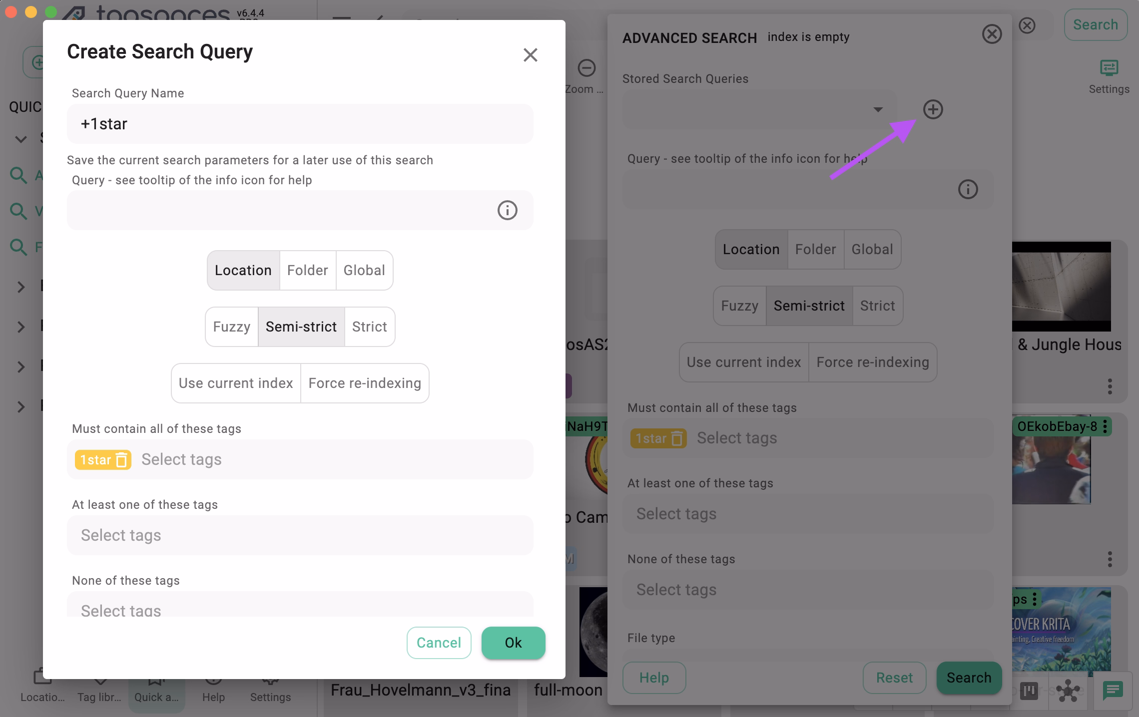 Dialog for creating stored search