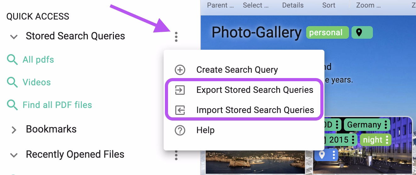Menu for triggering the import and export of stored searches