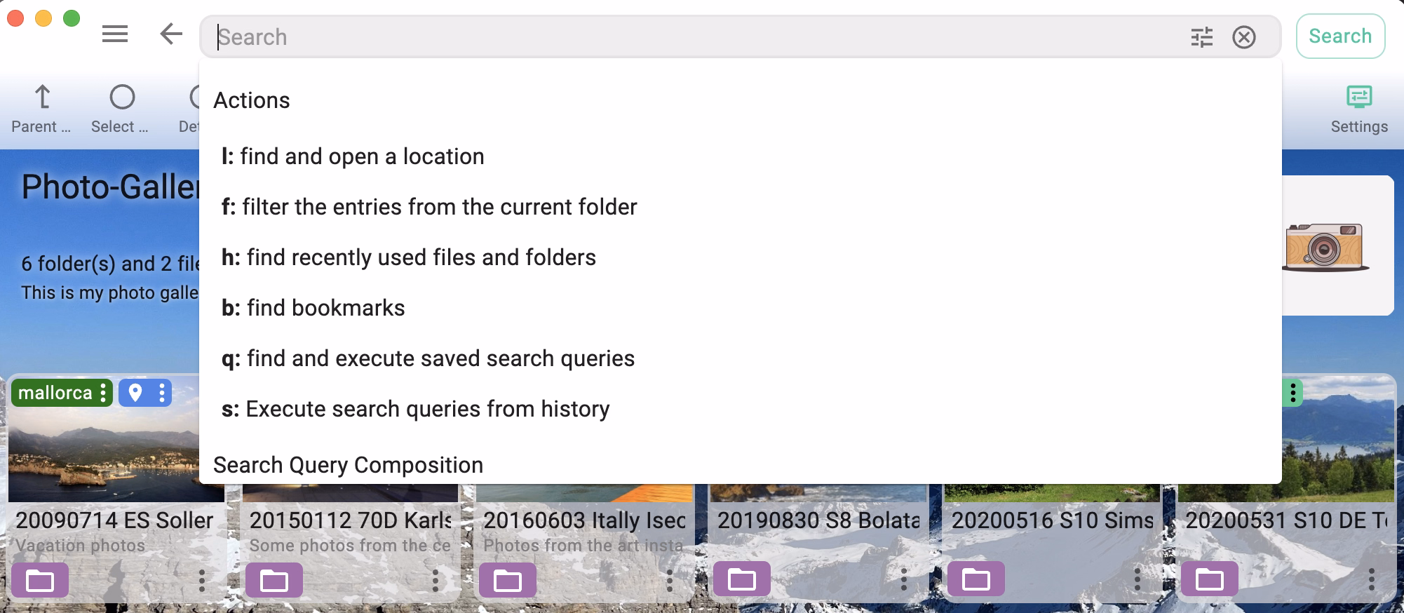 Quick access for actions in the search box