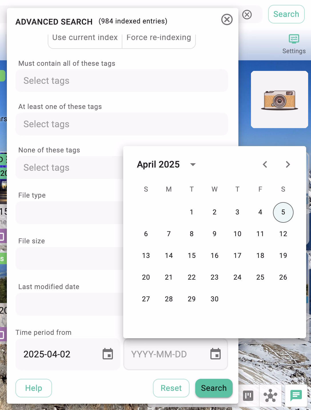 Options for searching entries tagged with date tags