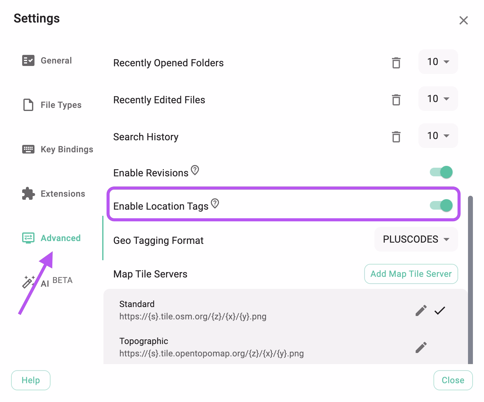 Activating location tags in the advanced tab of the settings