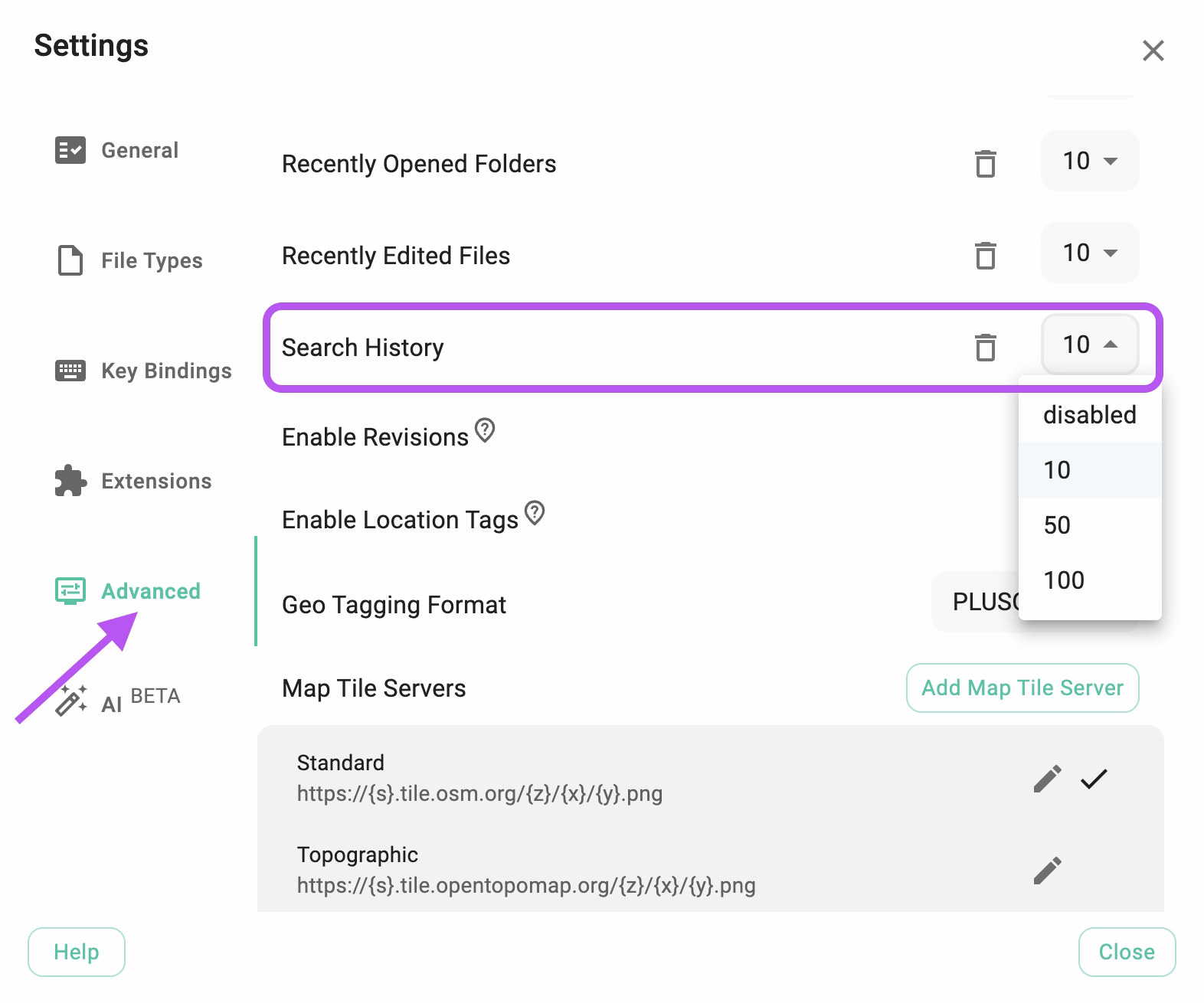 Activating the search history in the settings