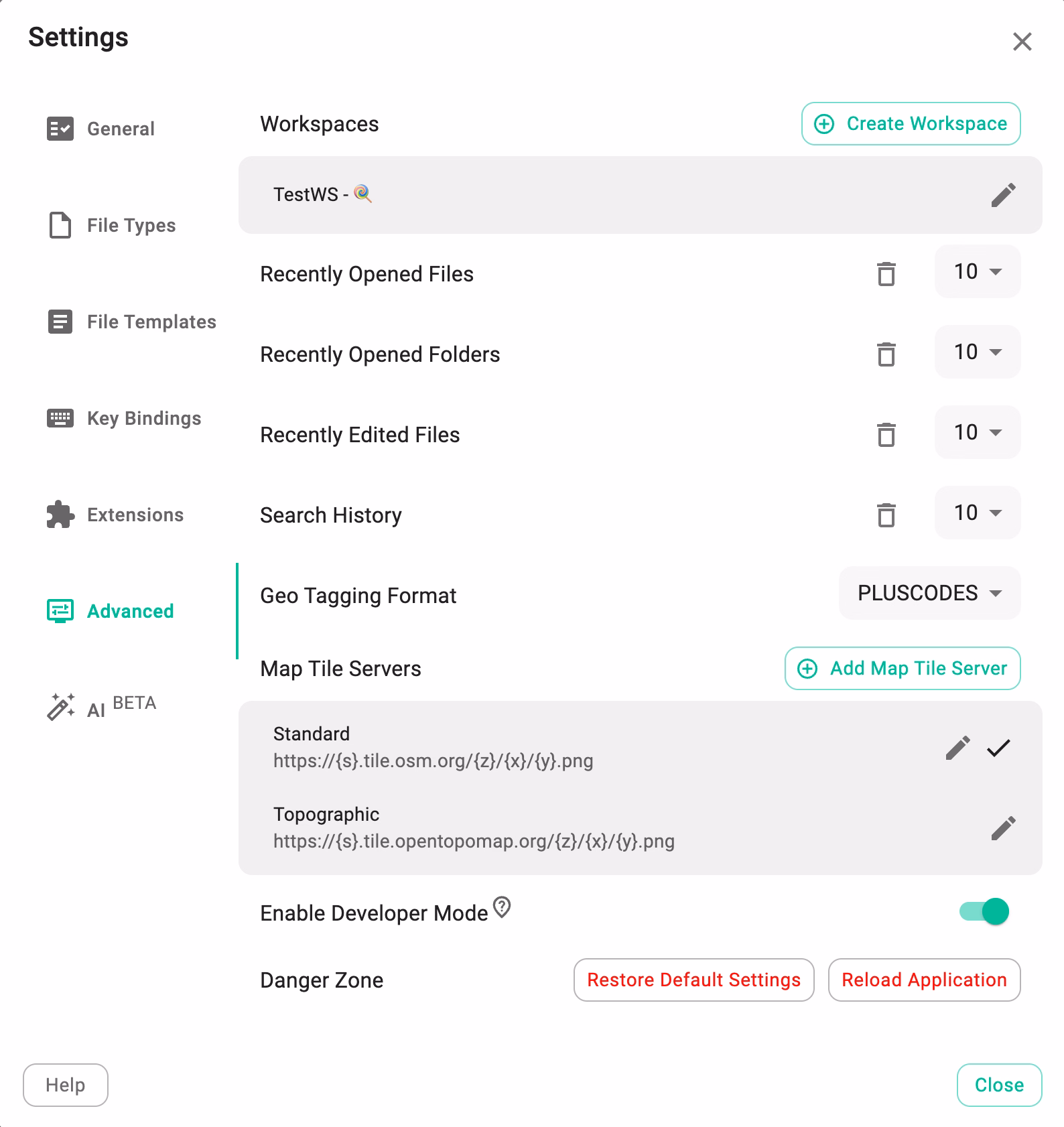 Settings - Advanced Tab