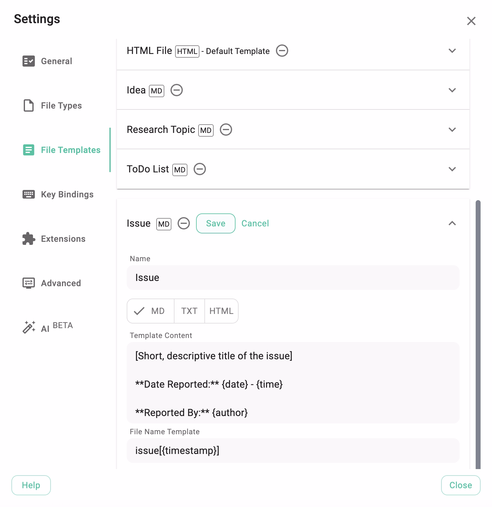 Managing templates in the settings