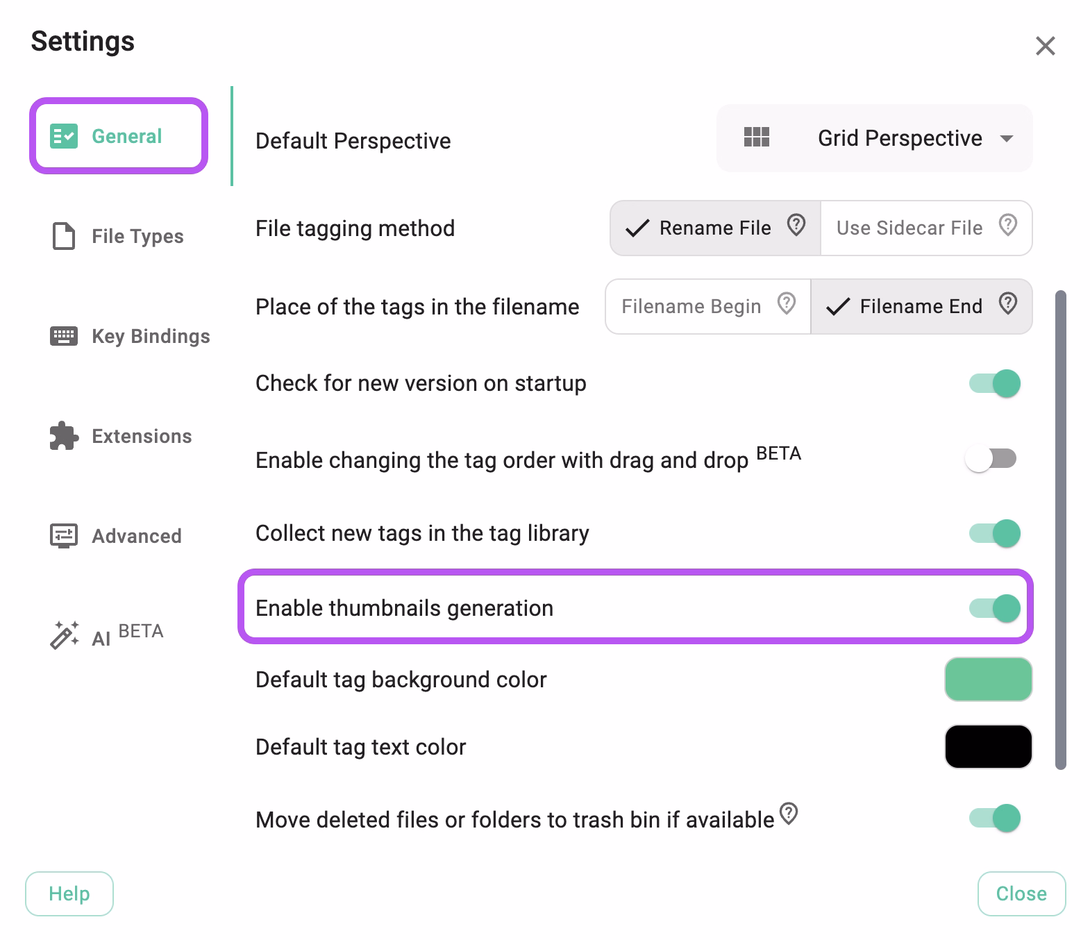 Activating the thumbnails generation in the settings