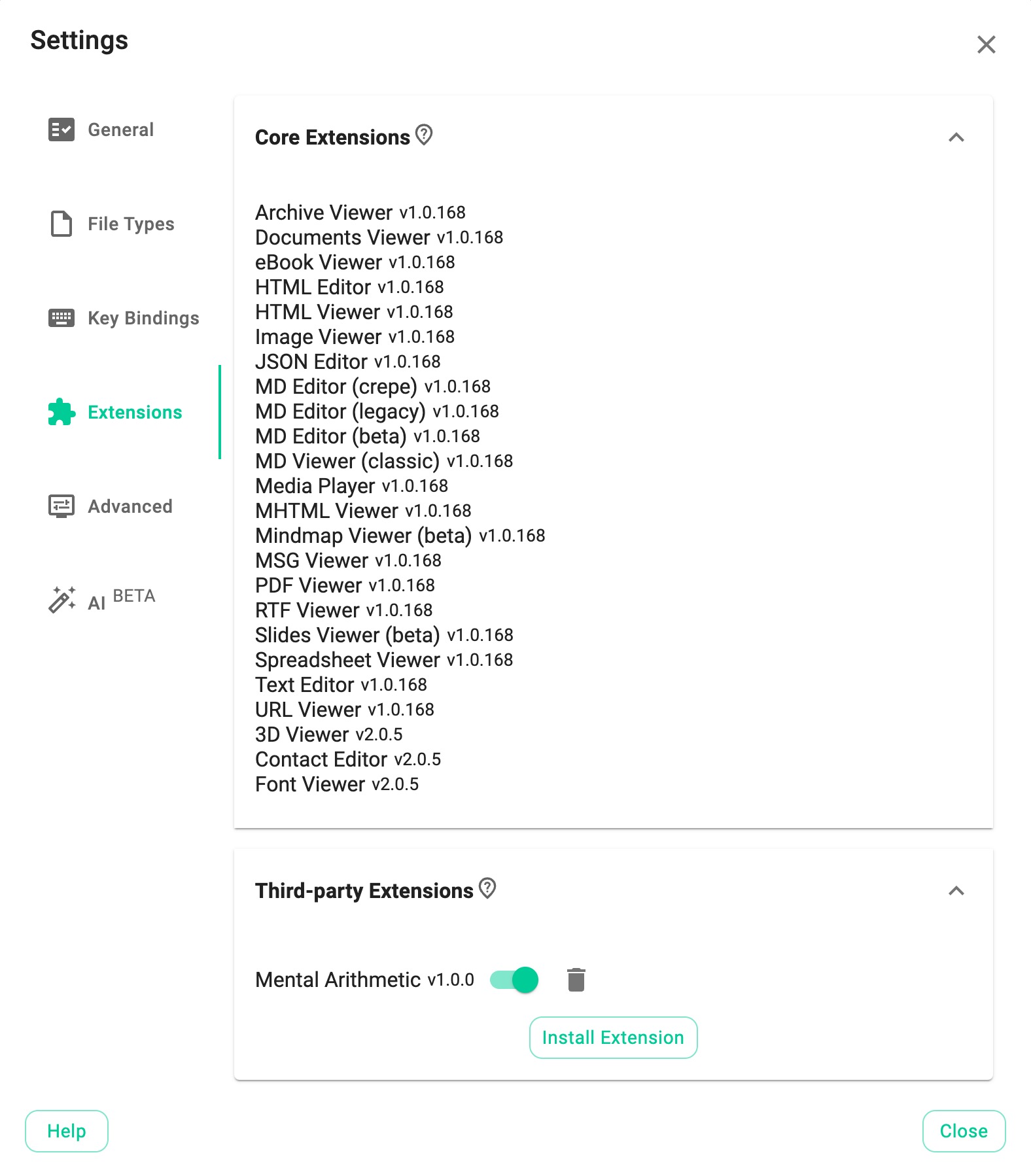 Settings - Extensions Tab