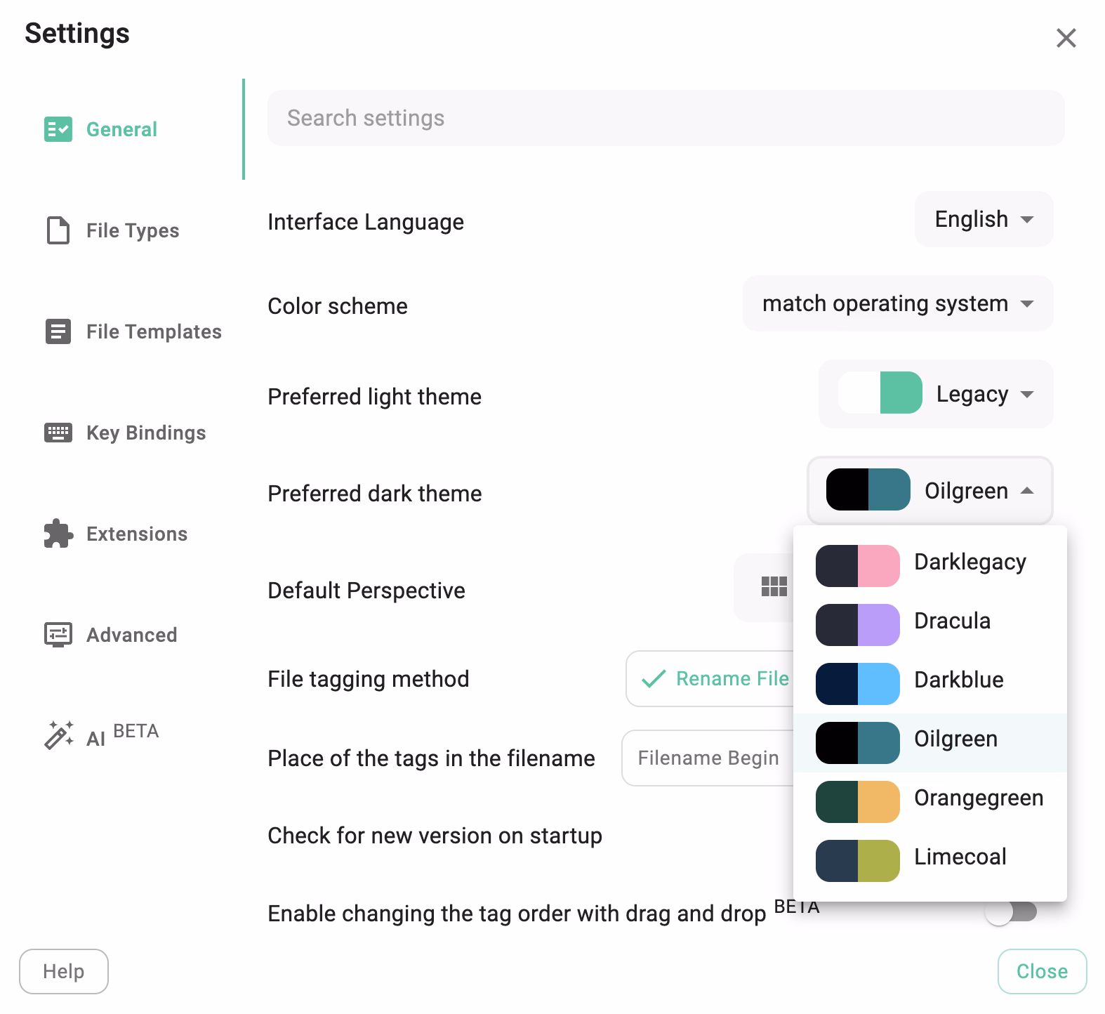 Choosing themes in the settings of the application