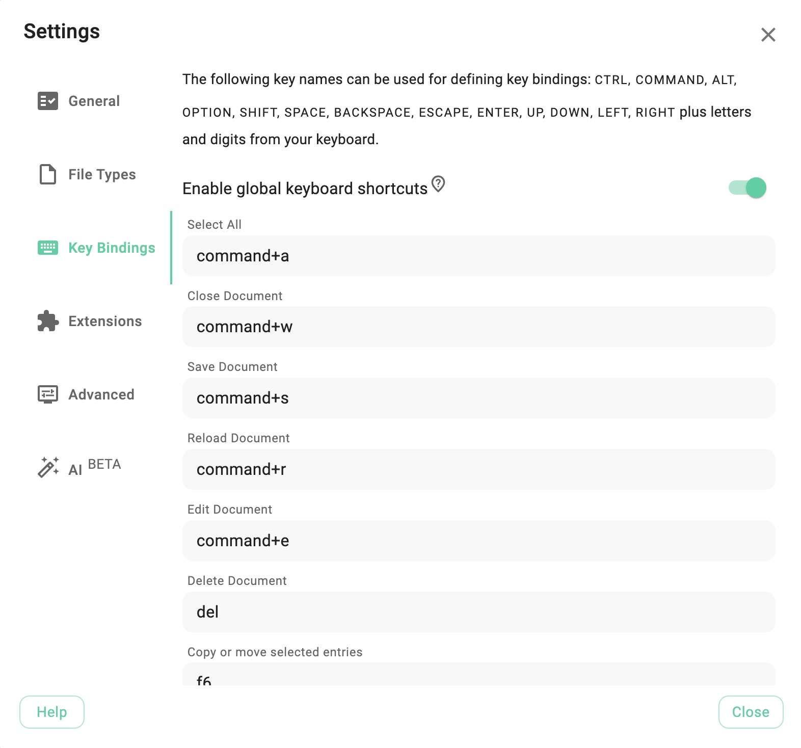 Changing the key bindings