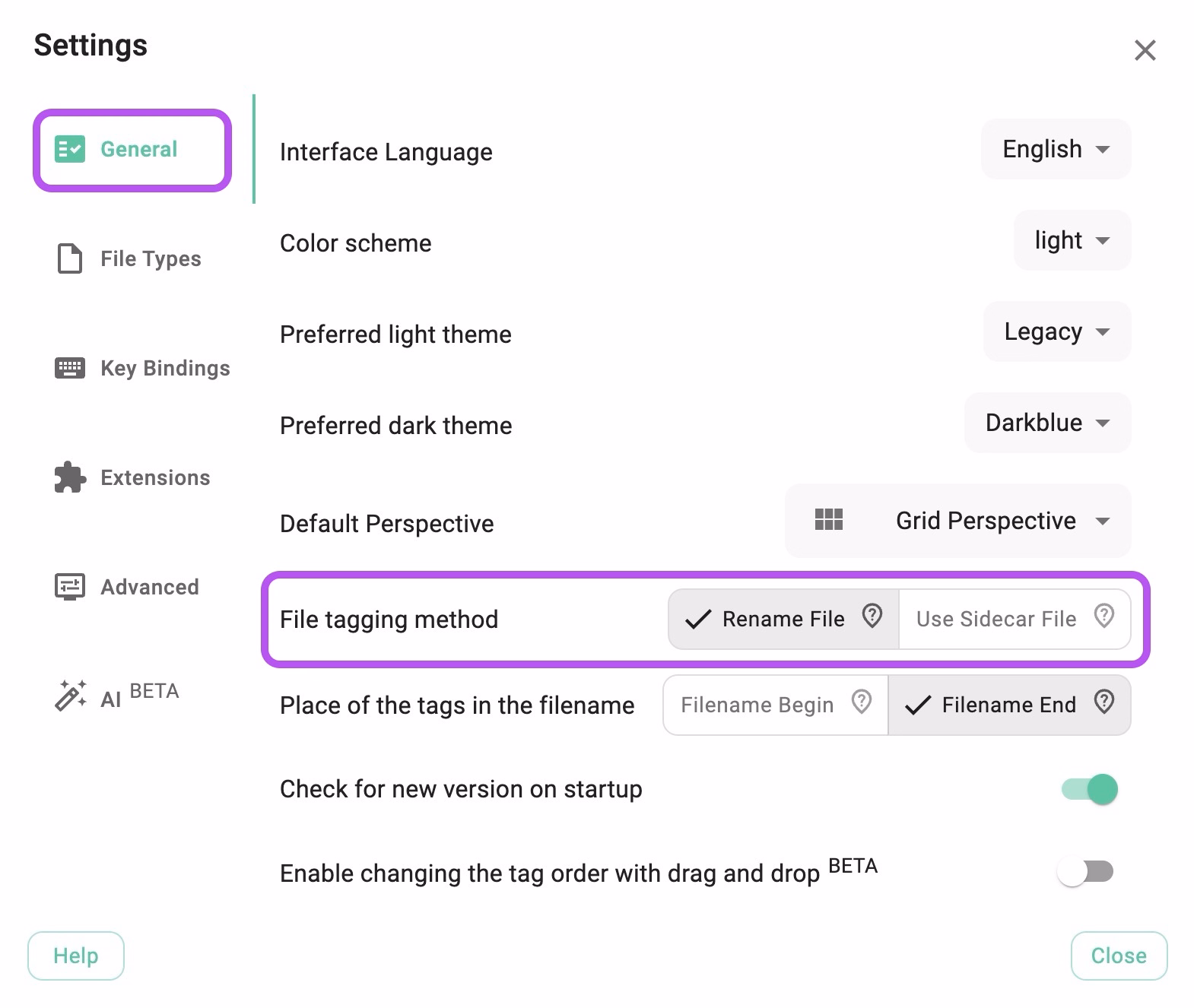 File tagging method in the settings