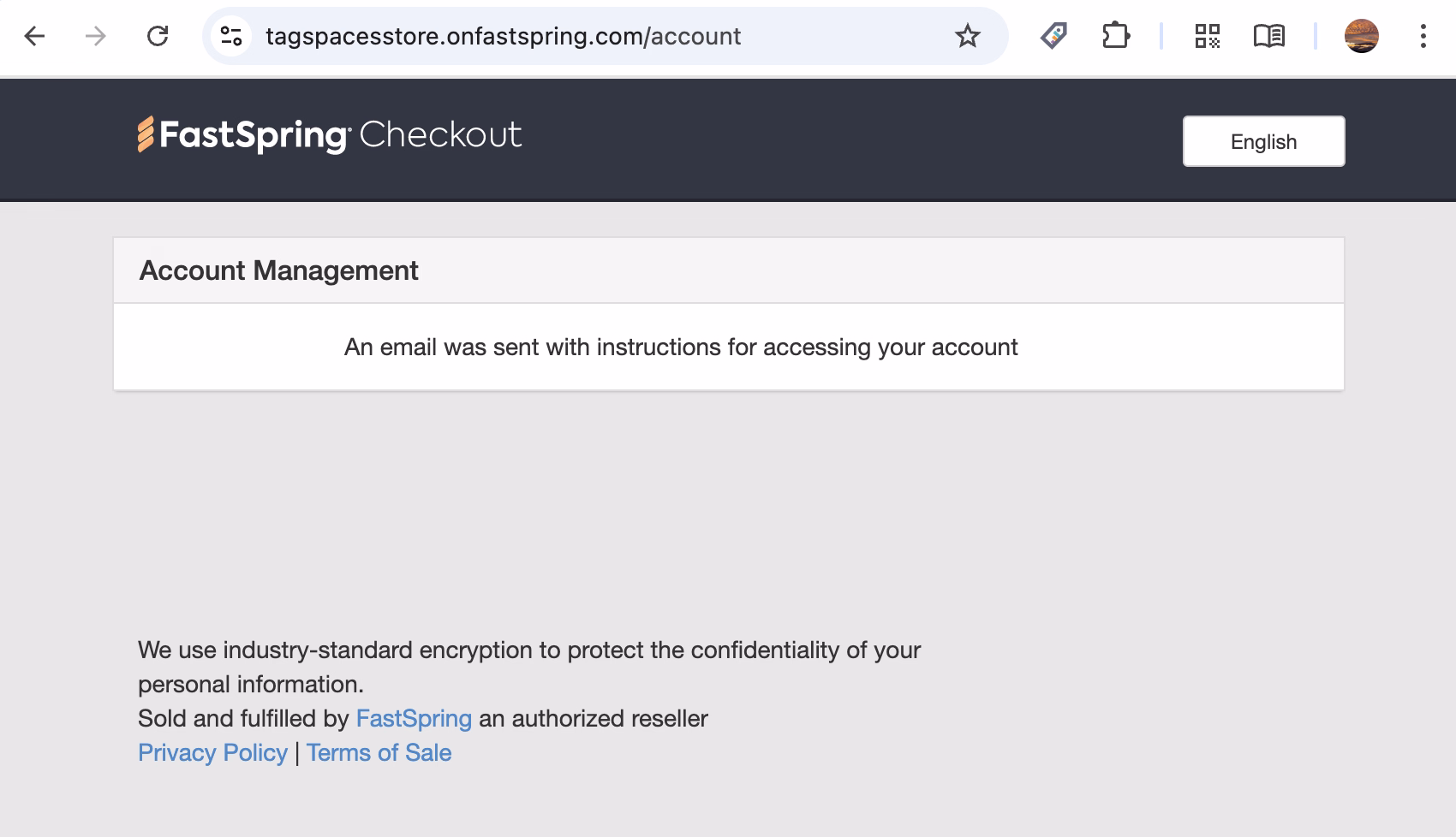 Confirmation screen that the email was send